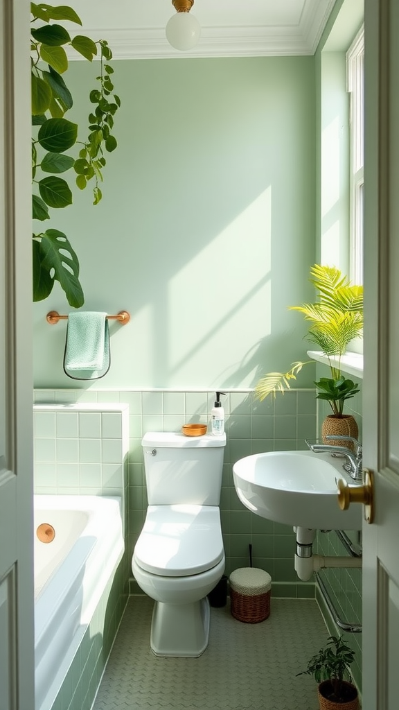 A bright and inviting bathroom featuring green walls, plants, and natural light.