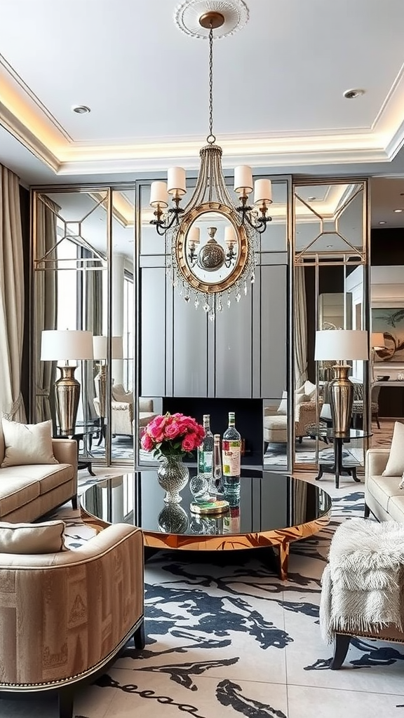 A stylish living room featuring mirrored walls, elegant chandeliers, a round coffee table, and decorative elements.