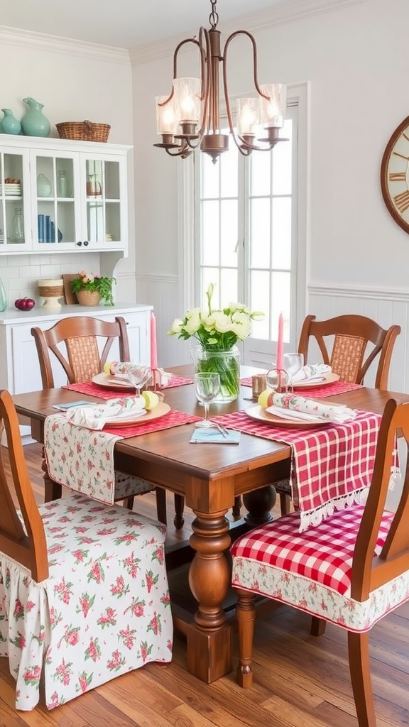 A cozy dining room with a wooden table set with floral and checkered patterned textiles on chairs, and a vase of flowers in the center.