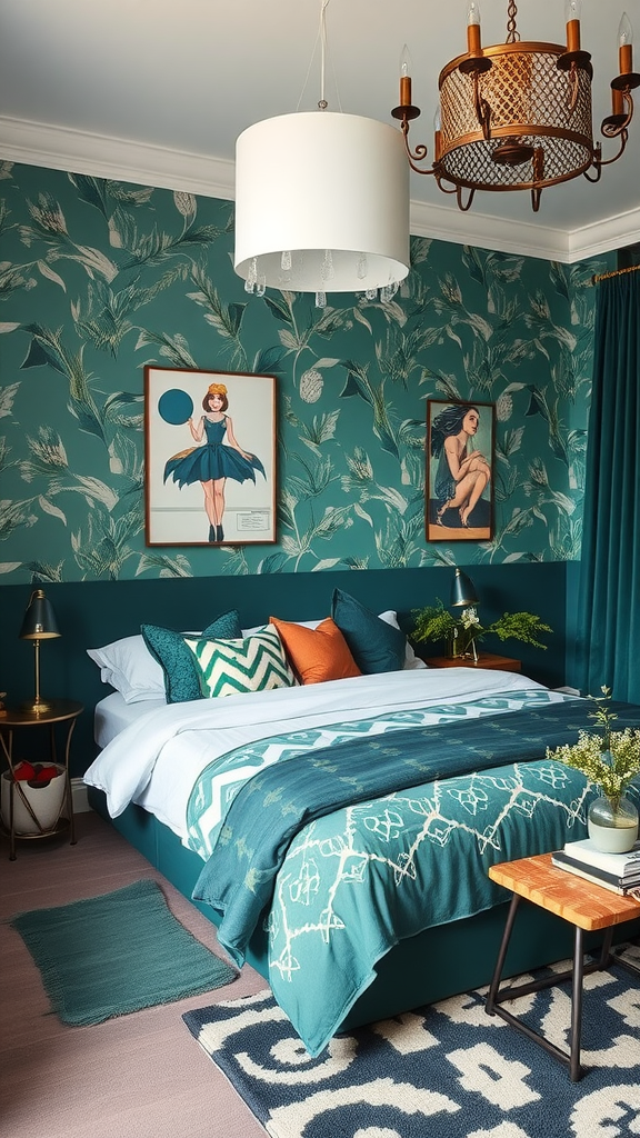 A stylish dark teal bedroom featuring patterned wallpaper, decorative pillows, and artistic wall art.