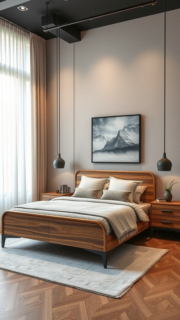 Modern industrial bedroom featuring a wooden bed frame, pendant lights, and a cozy atmosphere.