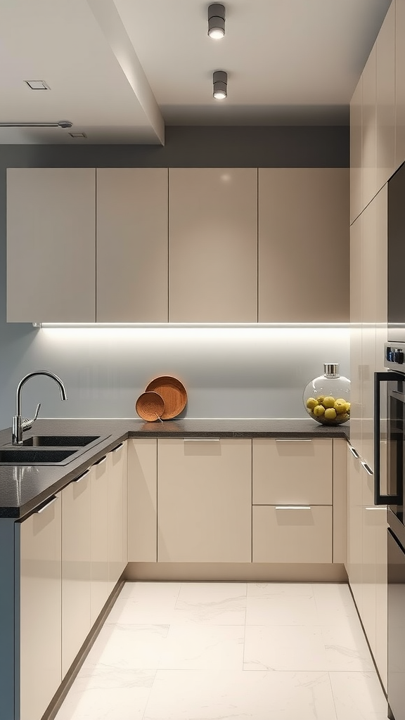 A modern kitchen featuring minimalist cabinets with a light color palette and sleek design.