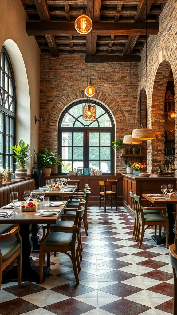 Interior of a rustic-modern restaurant with exposed brick walls, wooden ceiling, and stylish decor.