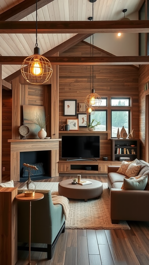 Cozy living room with wooden features and statement pendant lighting