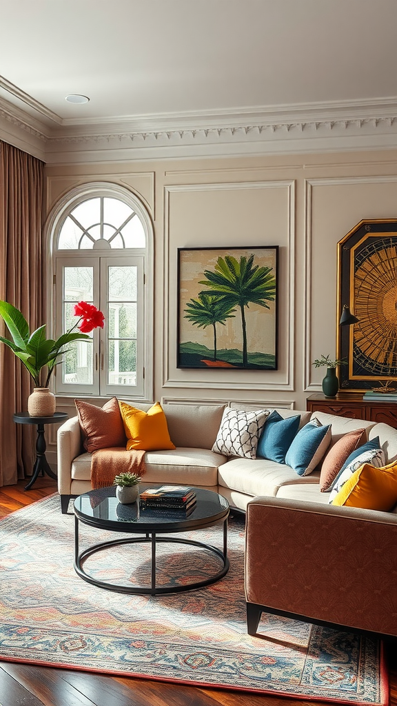 Cozy living room with colorful accents, featuring a beige sofa, vibrant cushions, tropical wall art, and a flower on a side table.