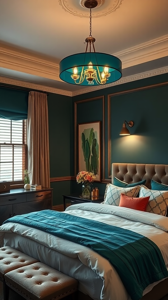 A cozy bedroom with dark teal walls and a stylish lighting fixture.