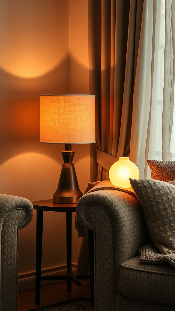 Cozy living room with two mood-enhancing table lamps providing warm lighting.