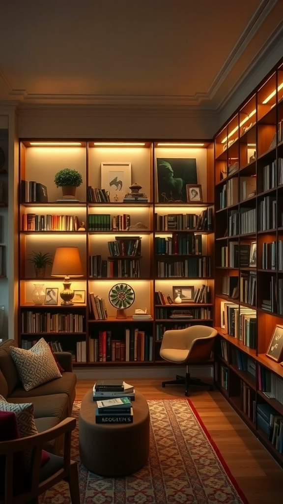 A cozy library nook with warm mood lighting, featuring bookshelves, a comfortable chair, and decorative elements.