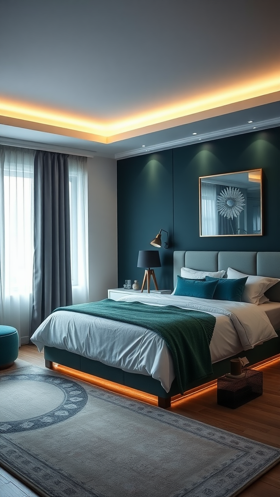 A dark teal bedroom with mood lighting and elegant decor.