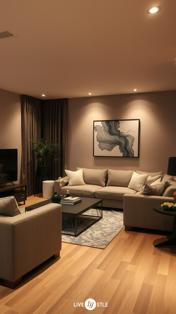 Cozy living room with dim lighting and modern furniture