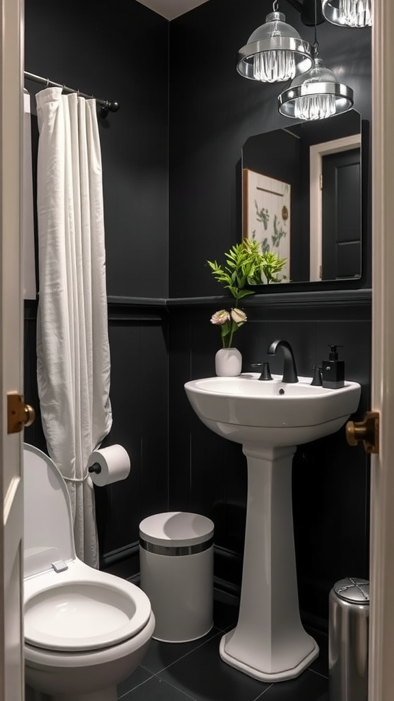 A stylish bathroom with charcoal walls, a white pedestal sink, and modern lighting.