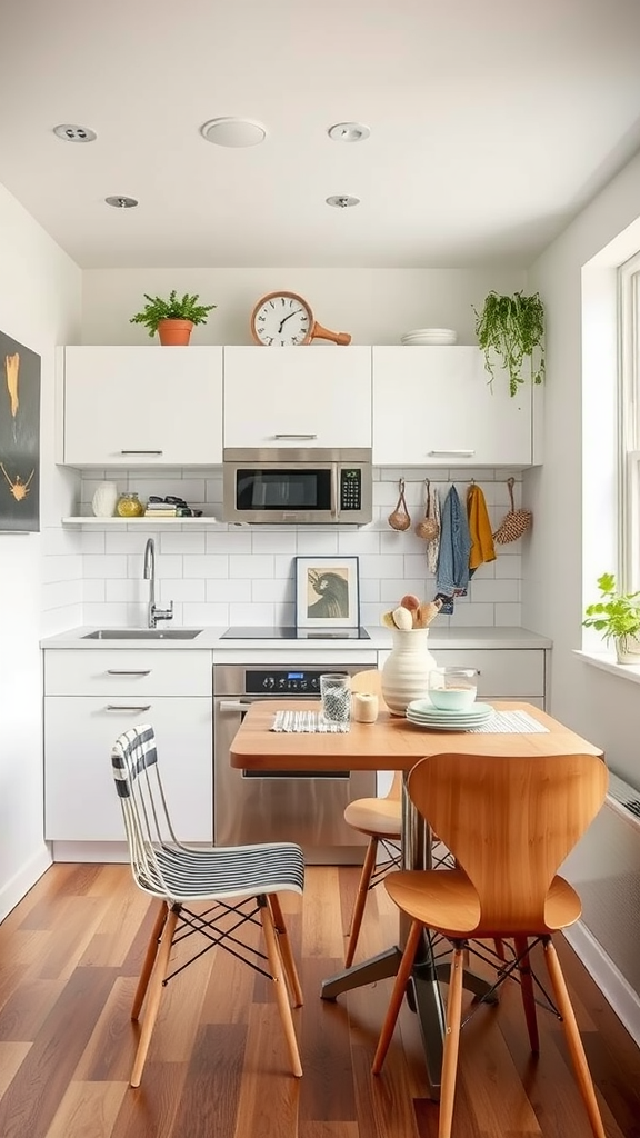 A modern kitchen with multi-functional furniture, showcasing a small dining table and stylish chairs.