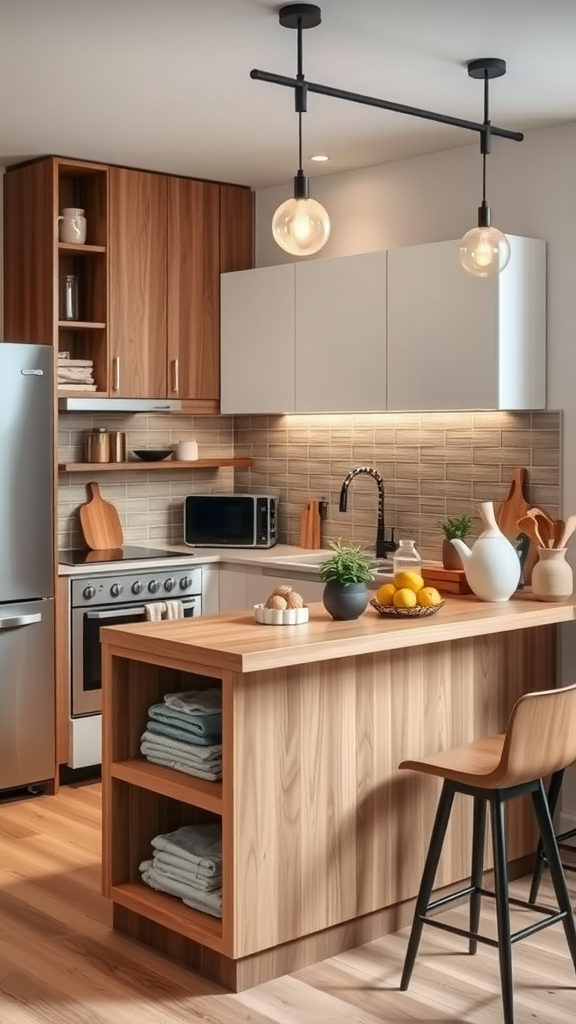 A modern kitchen featuring a wooden island with shelves, stylish chairs, and contemporary cabinets.