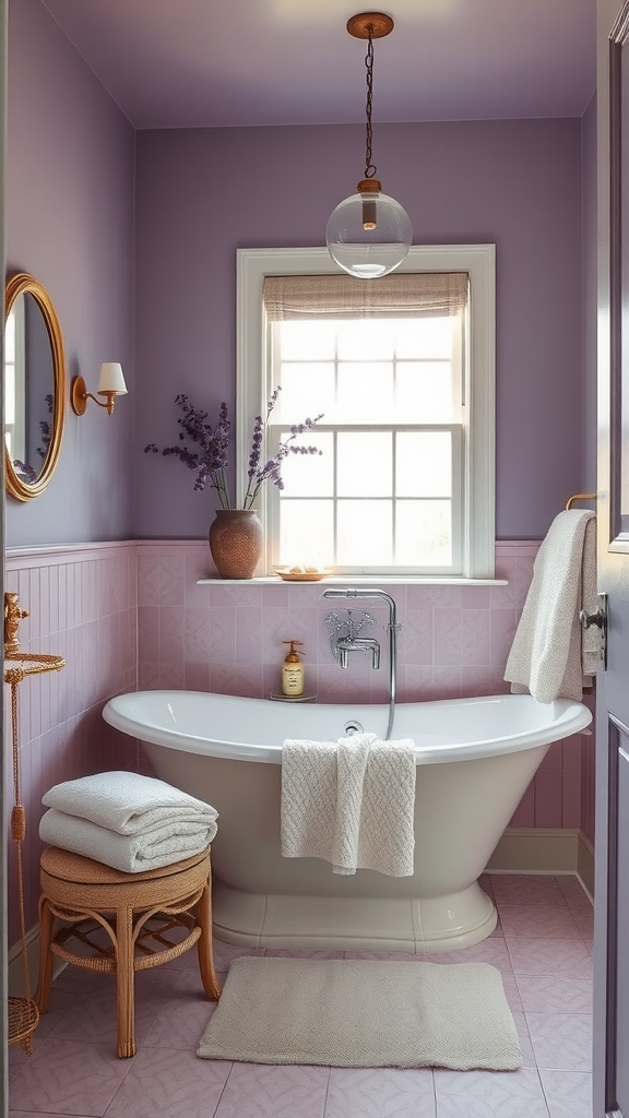 A serene bathroom featuring muted lavender walls, a white freestanding bathtub, and soft, neutral accents.