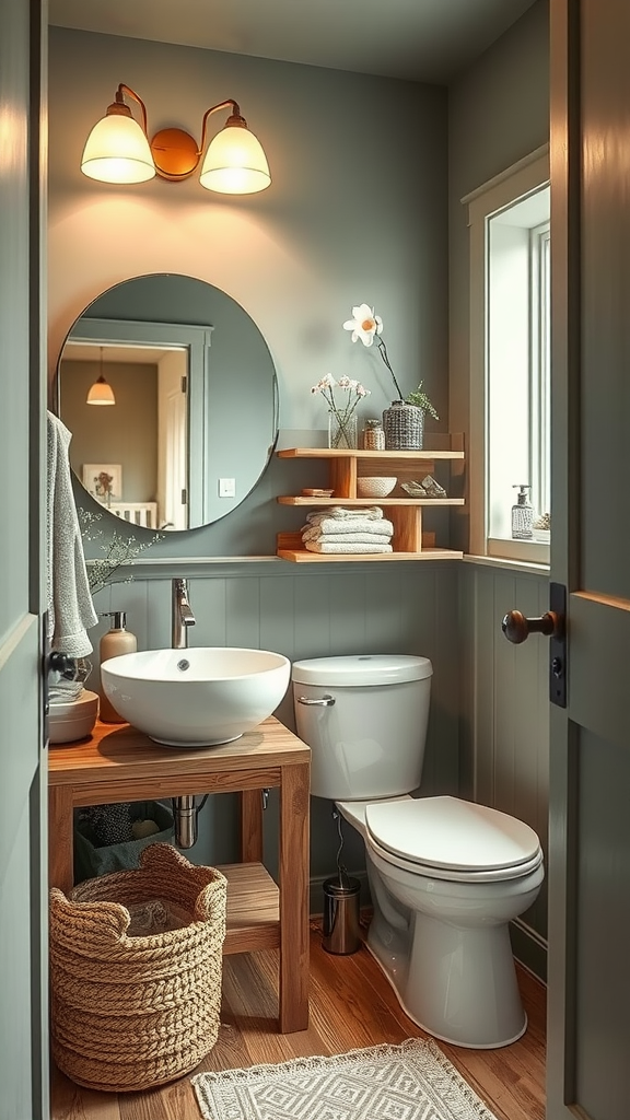 Cozy bathroom with muted sage walls, wooden accents, and a round mirror.