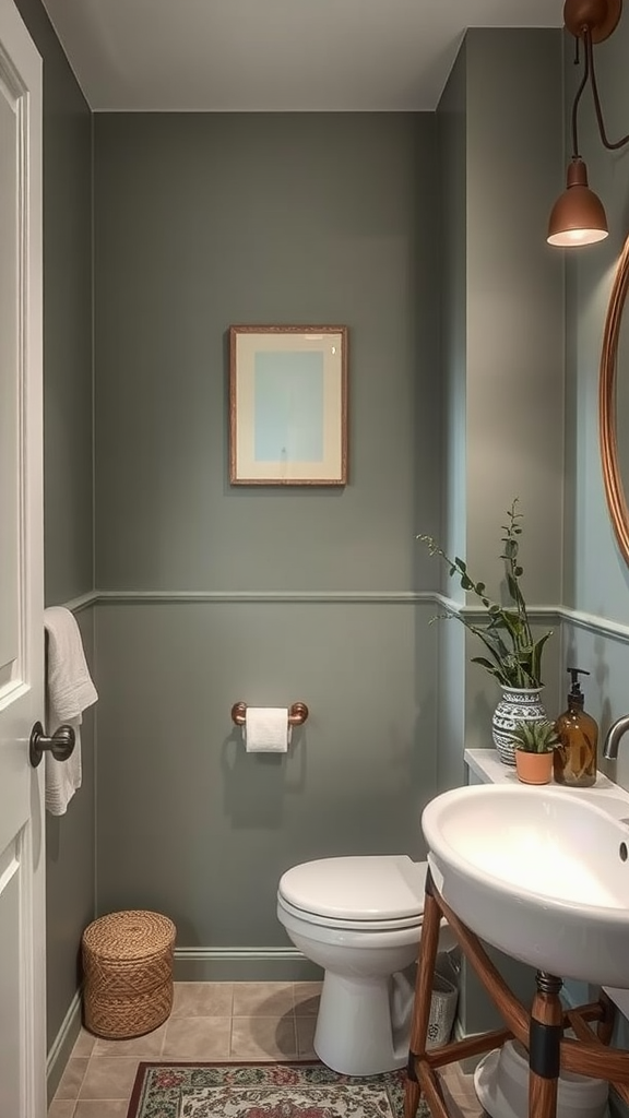 A cozy bathroom featuring muted sage walls, a round mirror, plants, and a classic sink.