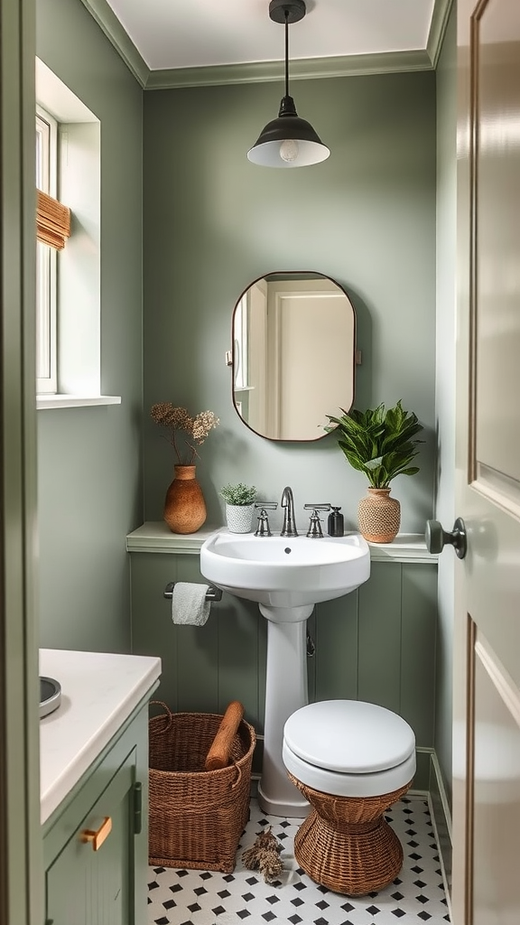 A small bathroom featuring muted sage green walls, a white sink, and natural decor elements.