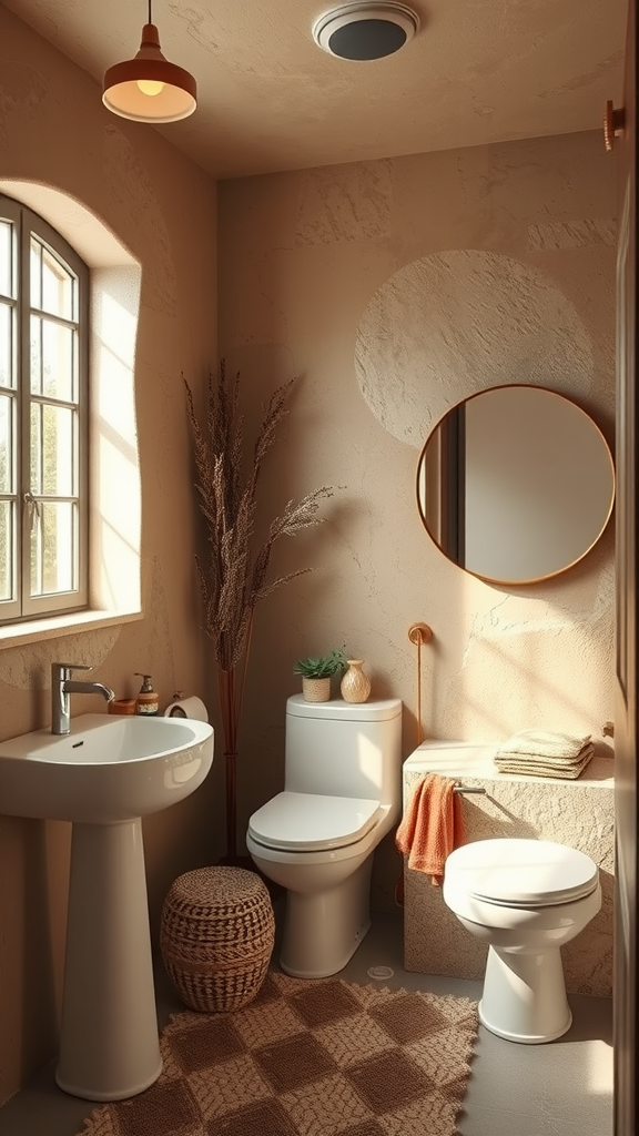 A cozy bathroom with muted sand colors, a round mirror, plants, and natural decor.