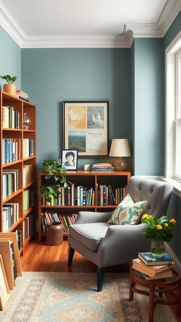 Cozy reading corner with muted teal walls, bookshelf, and comfortable armchair