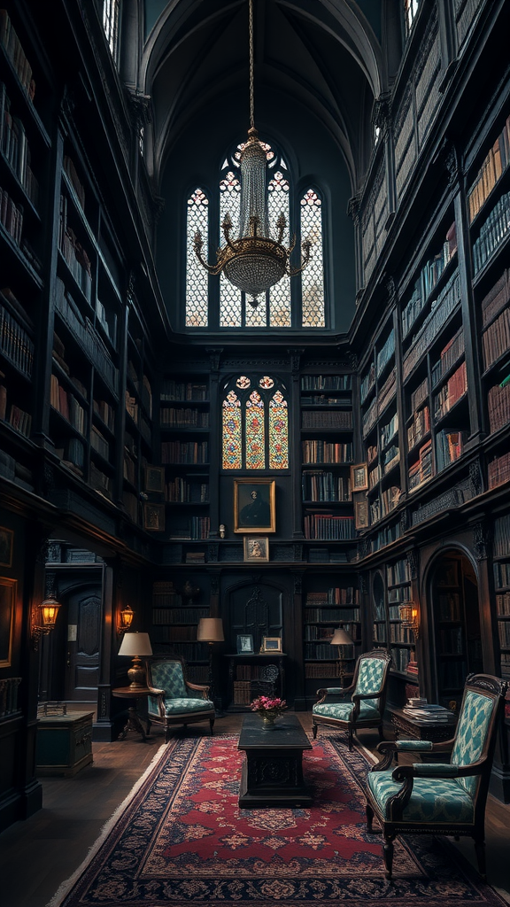 A gothic-style library featuring tall wooden shelves filled with books, a chandelier, and stained glass windows.