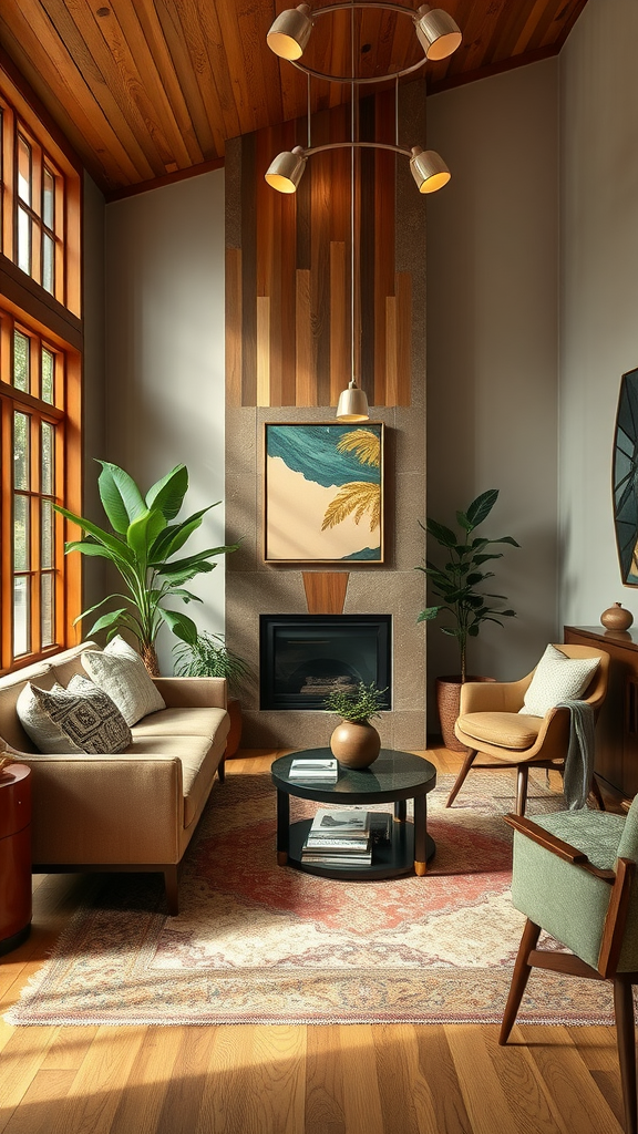 Cozy living room with natural elements and Art Deco design