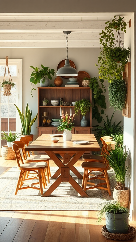 A cozy dining area featuring a wooden table and various indoor plants, creating a warm and inviting atmosphere.