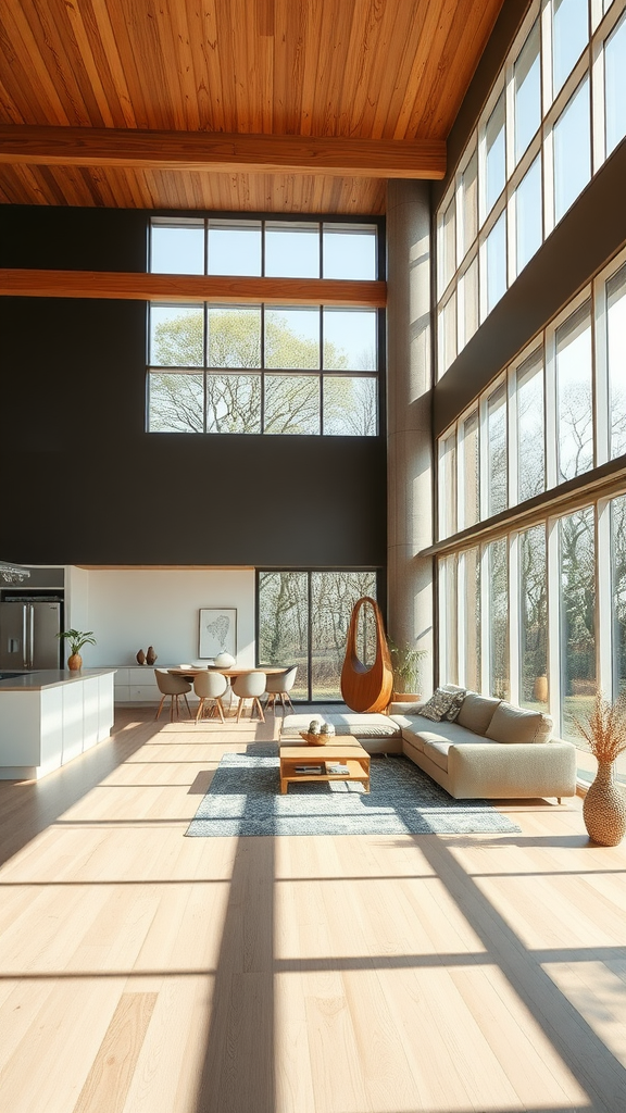 Bright interior with large windows, wooden beams, and modern furniture