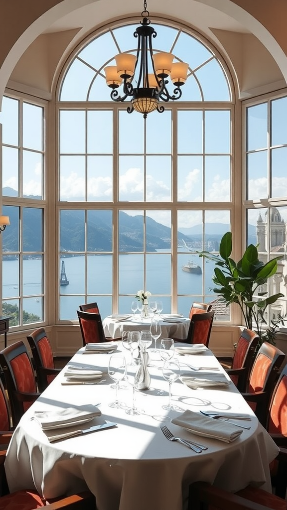 Elegant dining room with panoramic views through large windows, featuring tables set for a meal