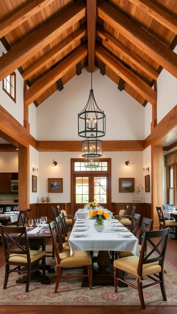 A warm dining area with wooden beams, tables set for a meal, and floral centerpieces.