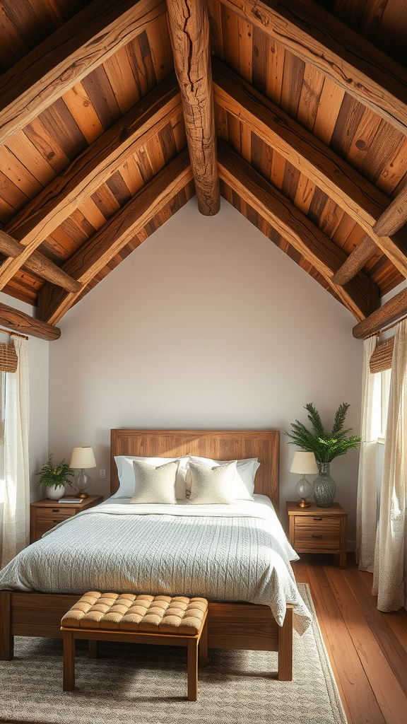 A cozy bedroom featuring natural wood ceiling beams, a wooden bed frame, and soft bedding.