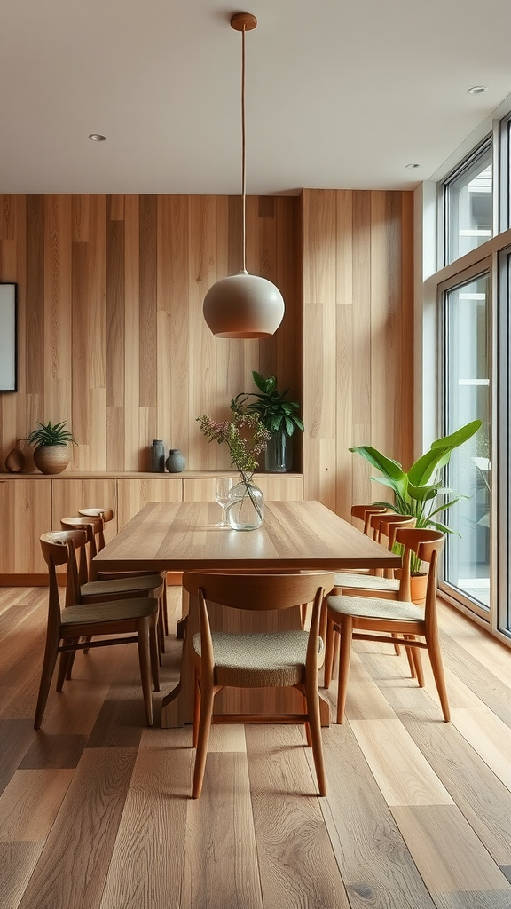 Warm wooden dining area with a large table, chairs, plants, and a pendant light.