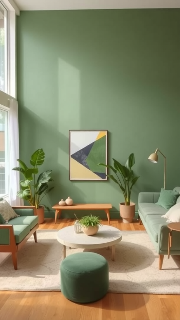 A cozy living room with green walls, plants, and soft green furniture.