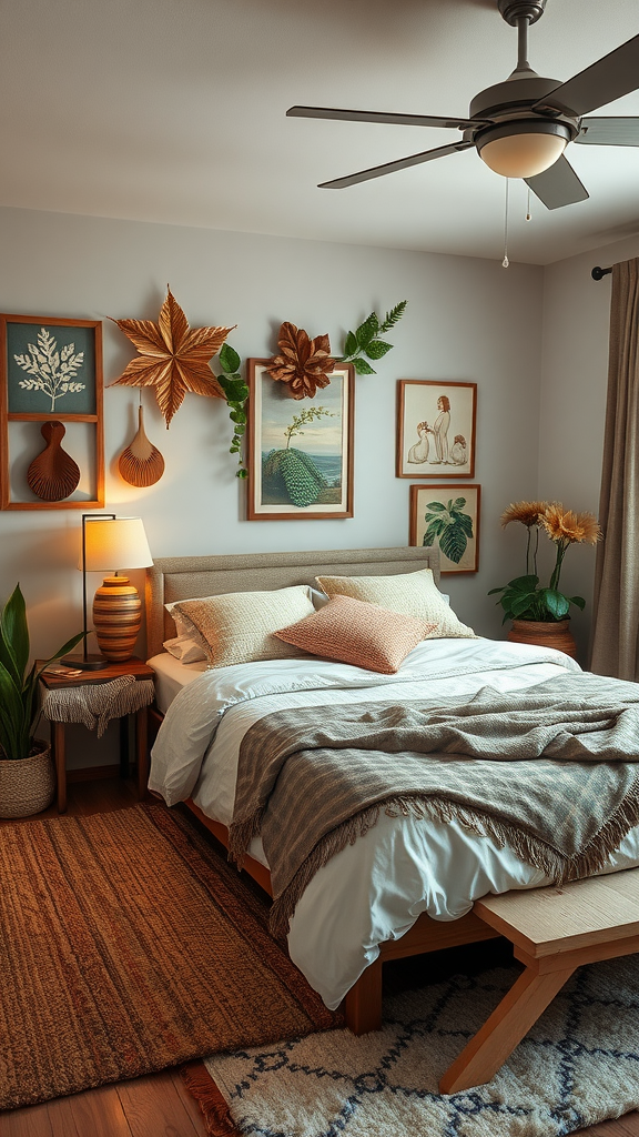 A cozy bedroom featuring nature-inspired decor with plants, wood furniture, and wall art.