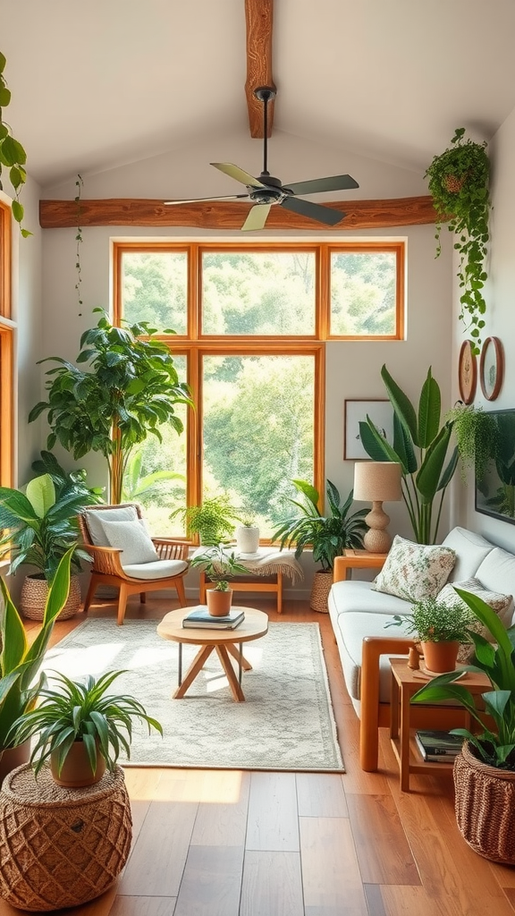 Nature-inspired living room with ample plants and natural light