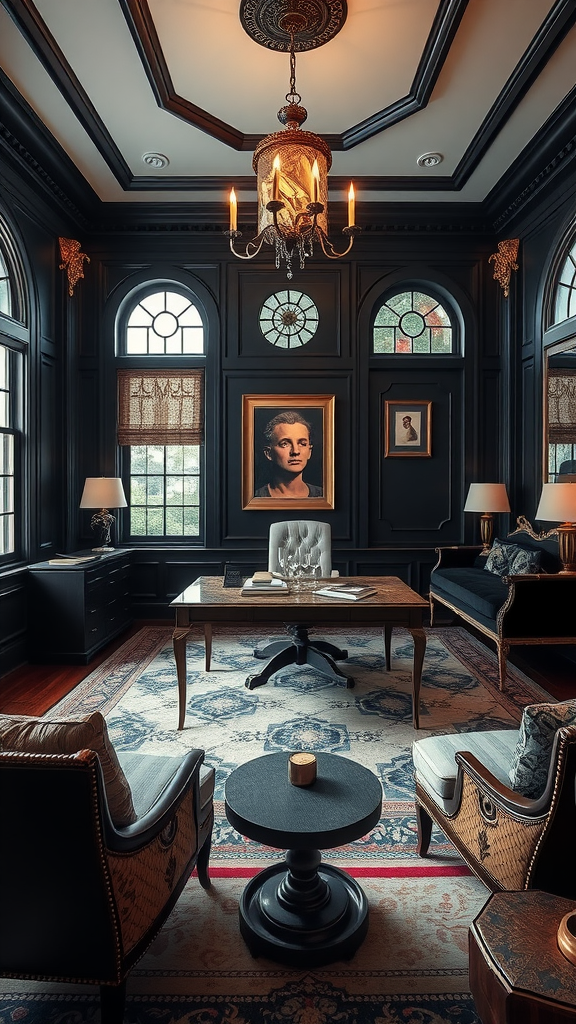 Elegant room with dark wood accents, chandelier, and artwork.