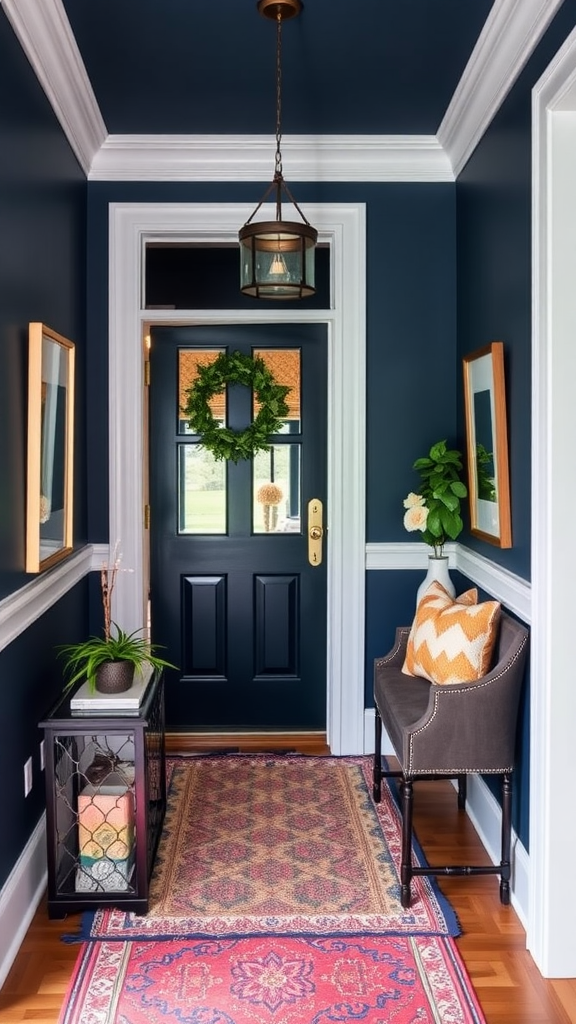 A stylish entryway with navy blue walls, a dark front door, and decorative elements.