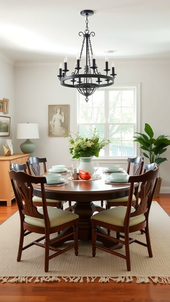 A charming dining area with a round table, neutral colors, and vibrant floral accents