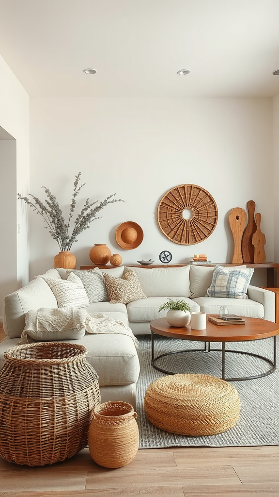 A cozy living room with neutral colors, textured accents, and natural elements.