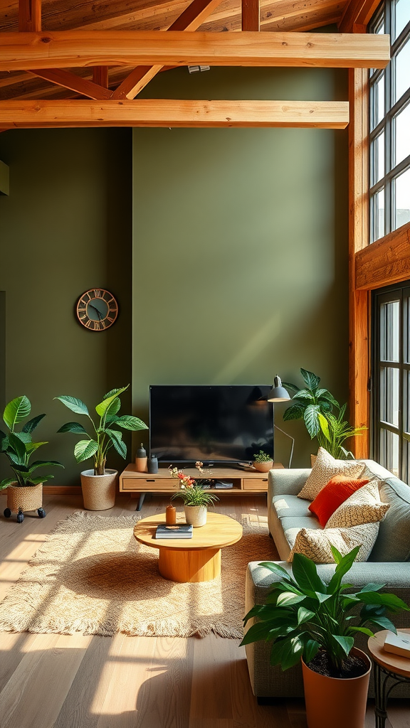 A cozy living room with olive green walls, wooden beams, plants, and a comfortable sofa.