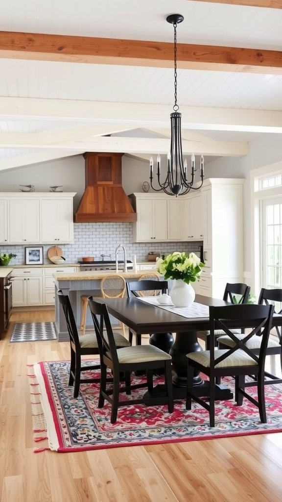 Open-concept farmhouse dining space with dark wooden table, black chairs, chandelier, and kitchen in the background