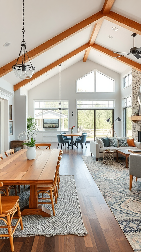 Open concept dining and living area showcasing high ceilings with wooden beams, a large dining table, and cozy seating arrangements.