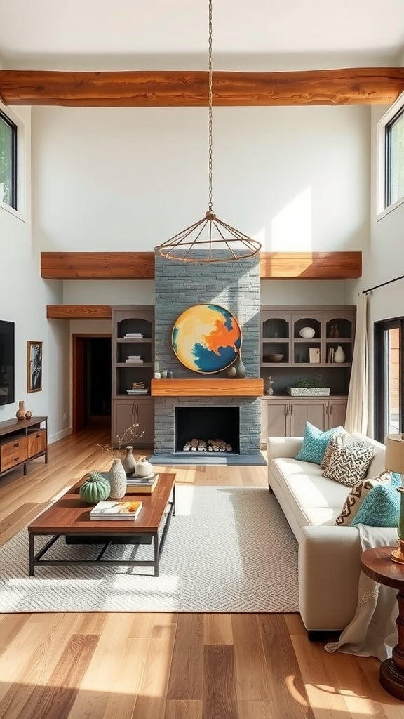 Open concept living room with rustic wooden beams and modern decor featuring a stone fireplace.