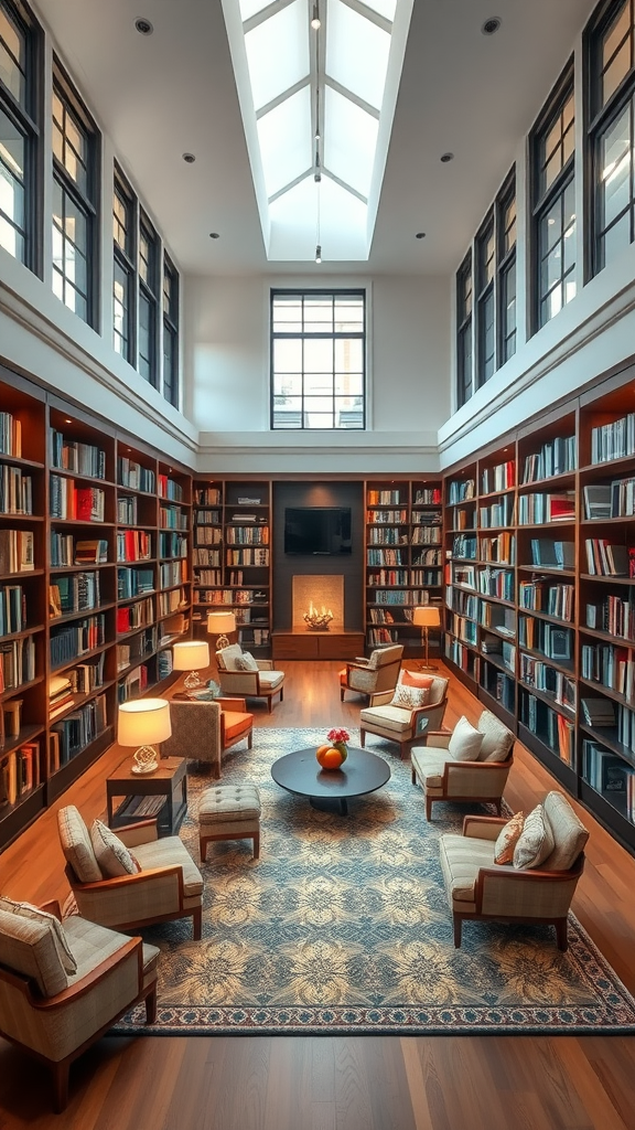 Open floor plan library with bookshelves, seating, and a fireplace