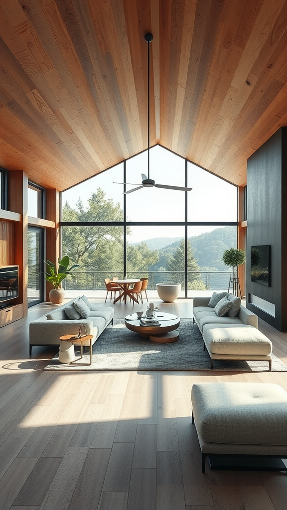 Modern open living area with large windows and wooden ceiling