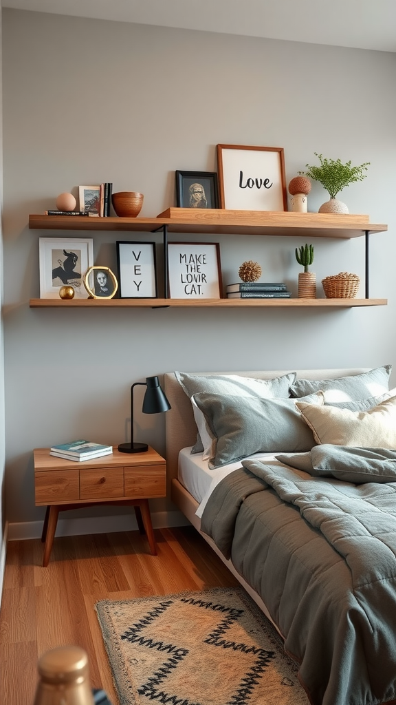 A cozy industrial bedroom featuring open shelving with decorative items and a neatly made bed.