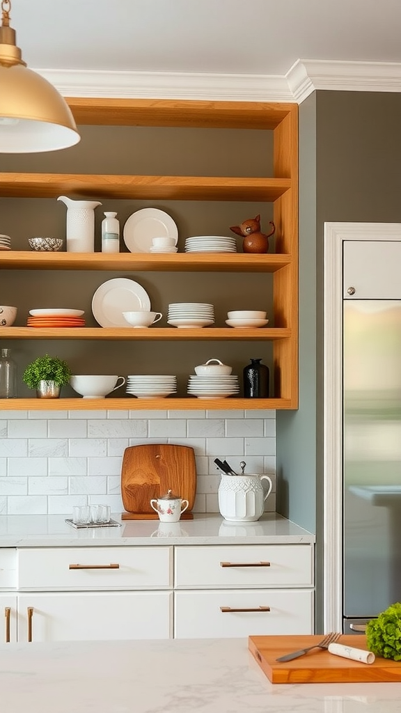 Stylish open shelving in a modern kitchen displaying plates, cups, and decorative items.