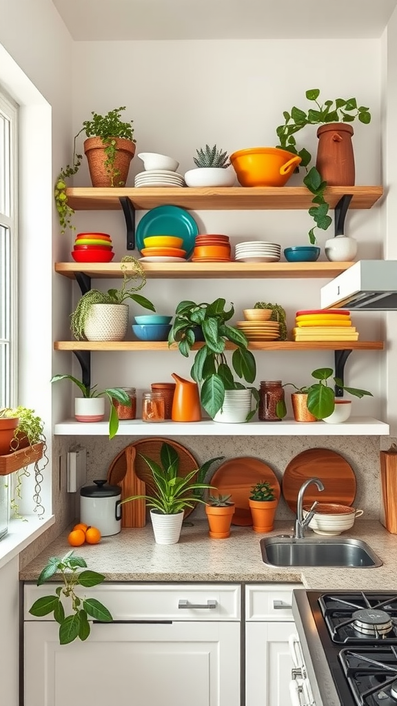 Bright kitchen with open shelving displaying colorful dishes and plants.