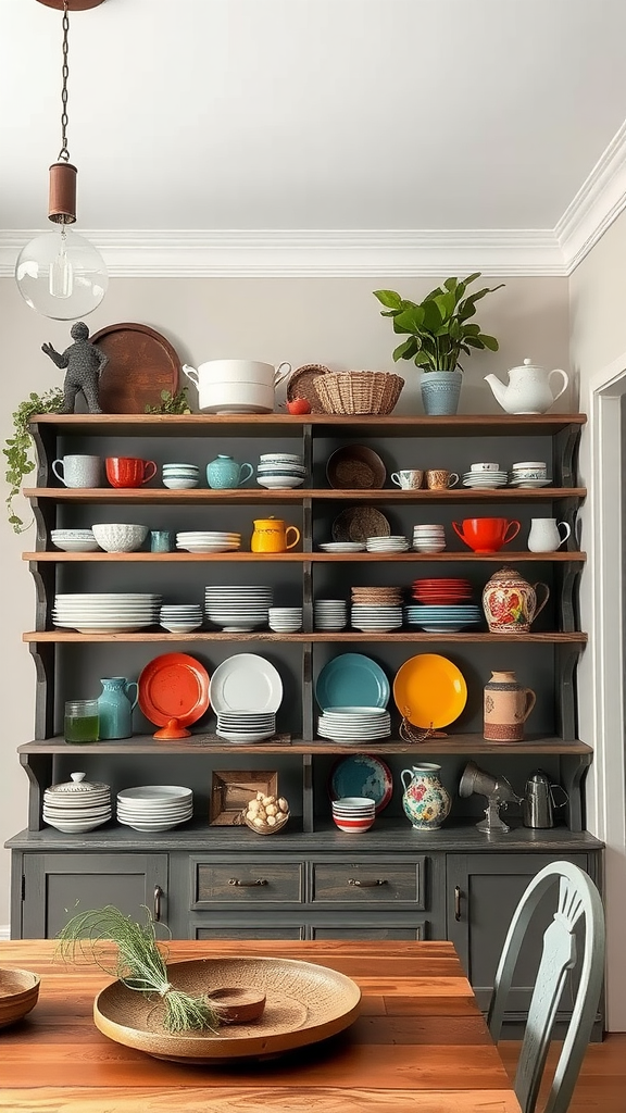 Open shelving displaying colorful dishware and kitchen items with a plant