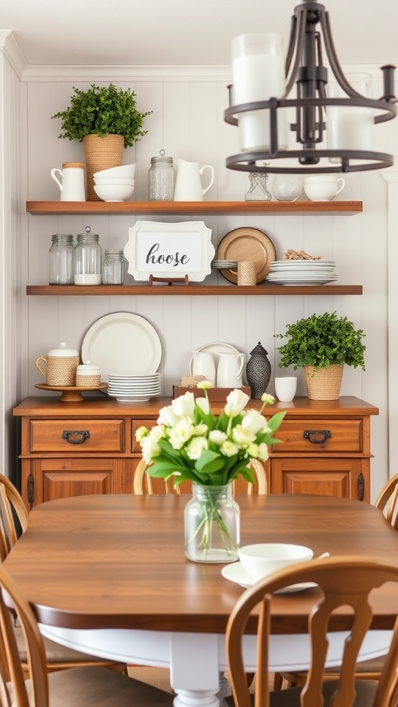 A cozy dining space featuring open shelving with dishes, glassware, and potted plants.