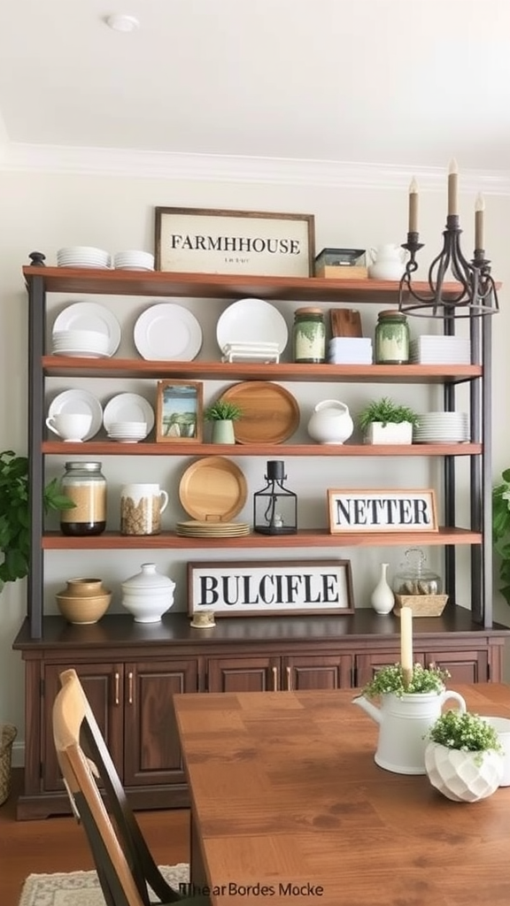 Open shelving in a farmhouse-style kitchen featuring white dishes, pottery, and decorative items